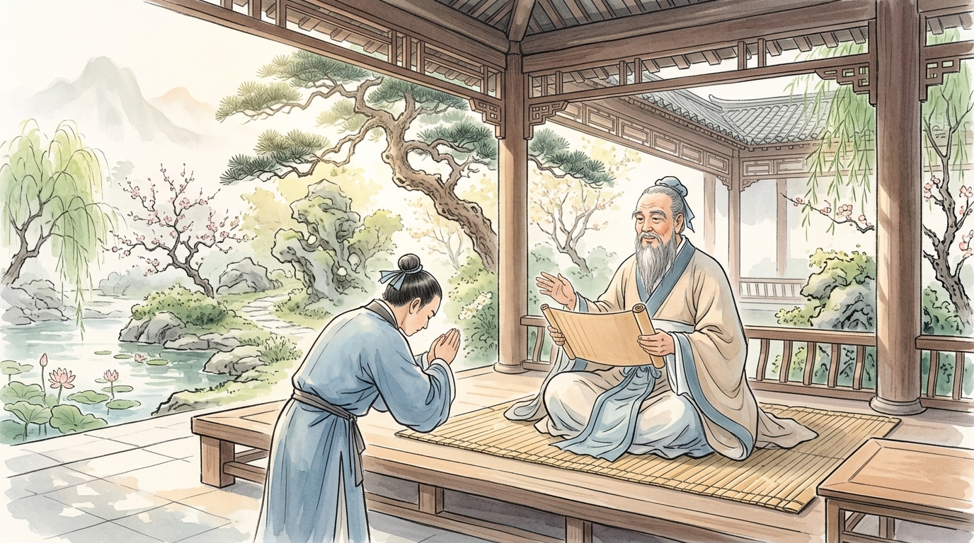 孔子に質問する弟子と温かい問答の情景を描いたイラスト