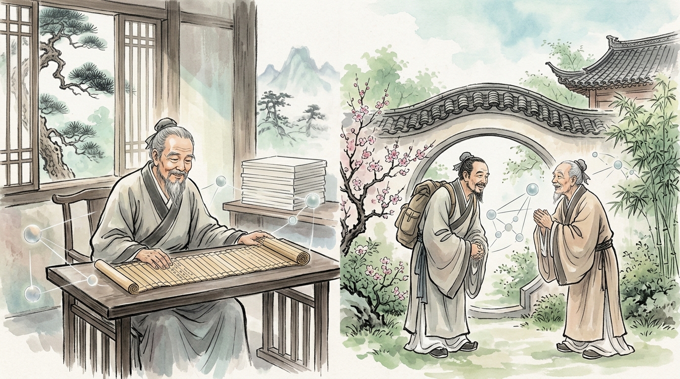 内なる喜び説と友と語り合う楽しさ楽の対比を描いたイラスト