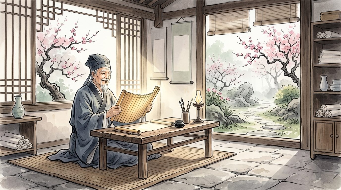 朝日差し込む書斎で学びの喜びに微笑む学者を描いたイラスト