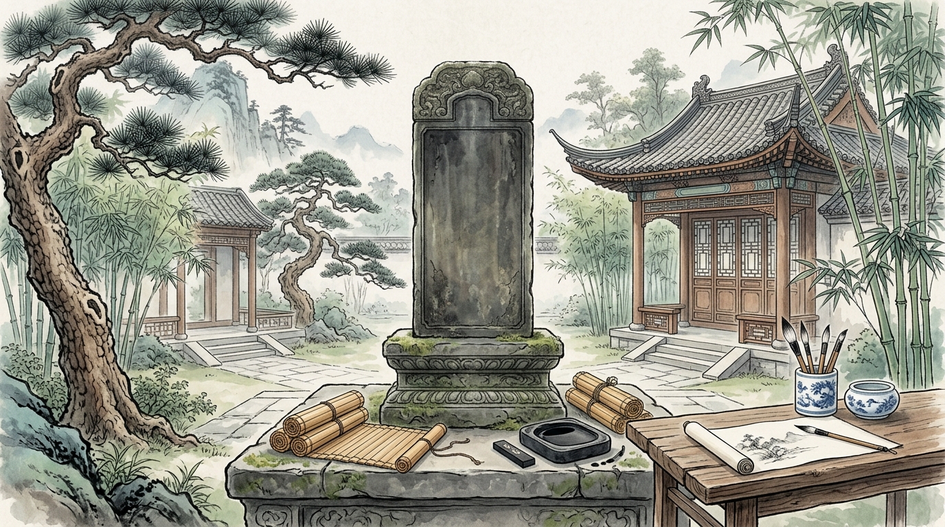 古代の石碑と重要漢字の竹簡を描いたイラスト