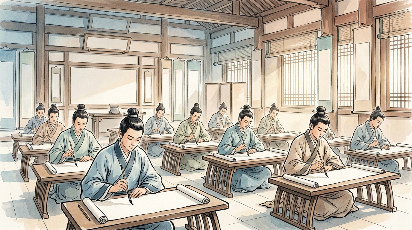 学問所で真剣に試験演習に取り組む生徒たちを描いたイラスト