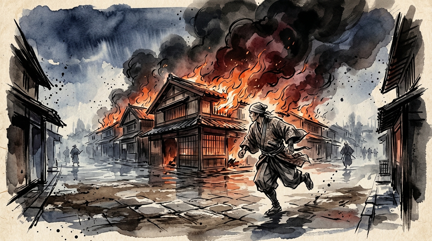 出火した我が家から大路へ逃げ出す絵仏師良秀を描いたイラスト