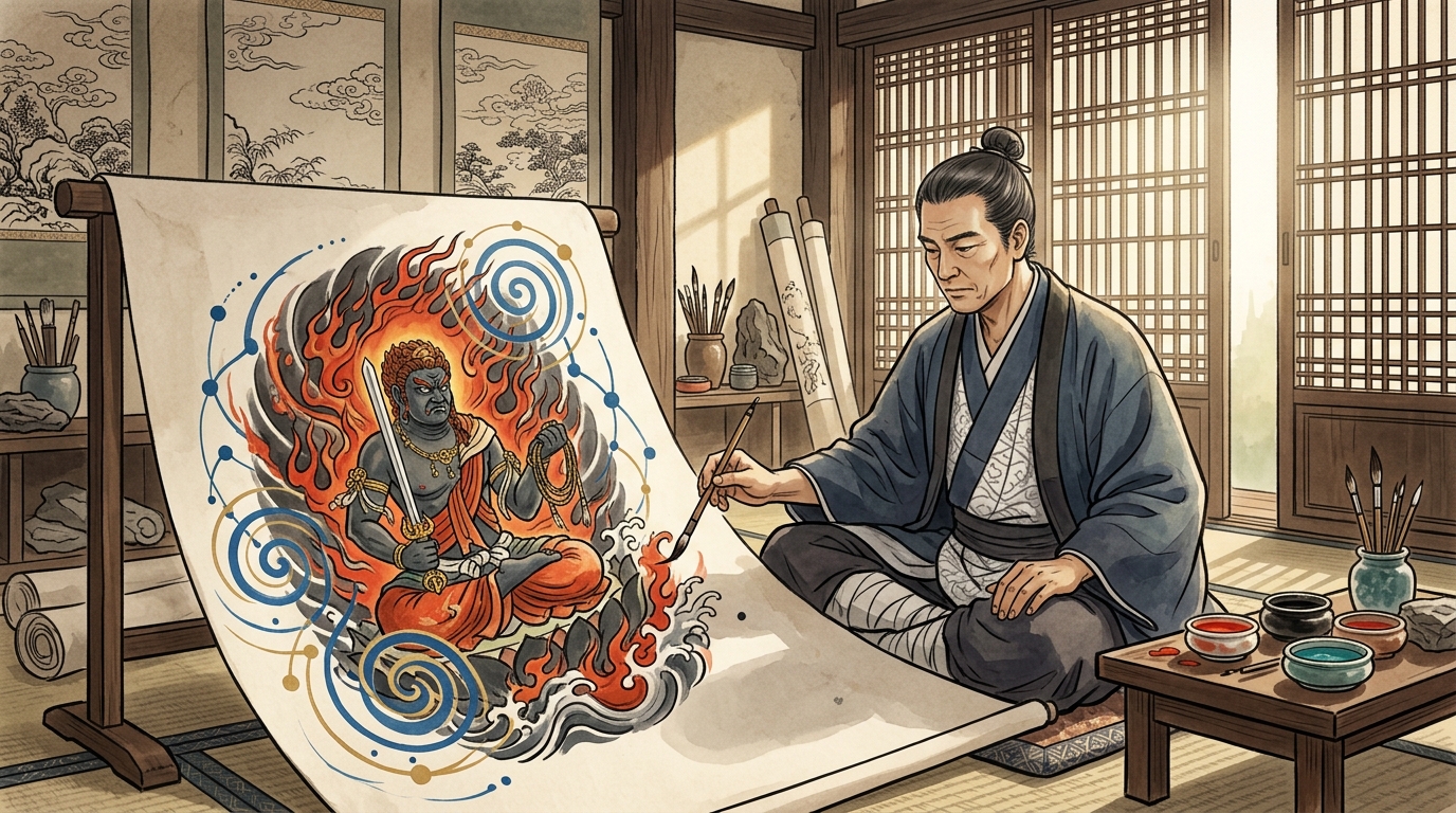 平安京のアトリエで不動明王を描く絵仏師良秀を描いたイラスト