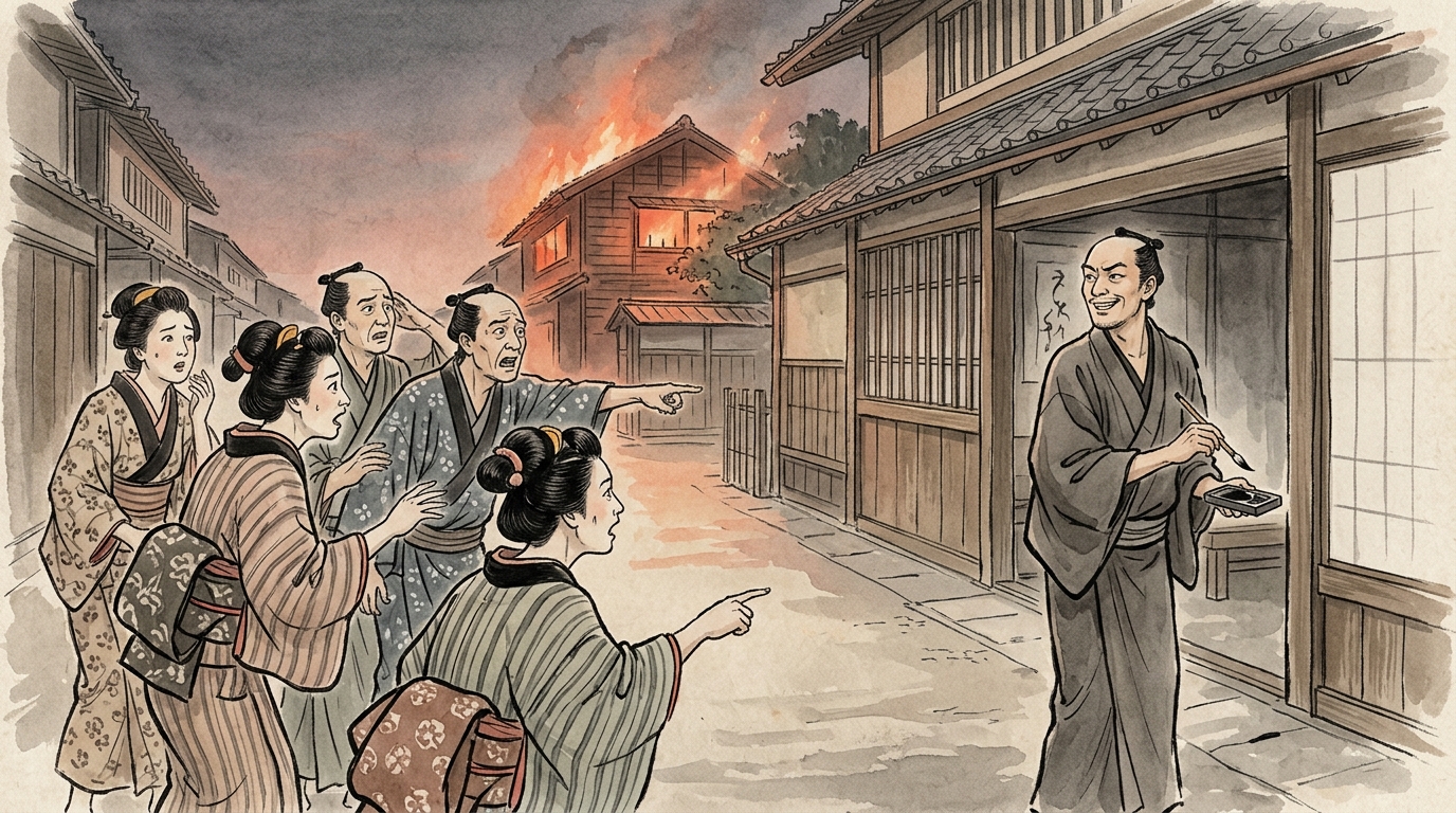 物の怪が憑いたと非難する見舞い客たちとせせら笑う良秀を描いたイラスト