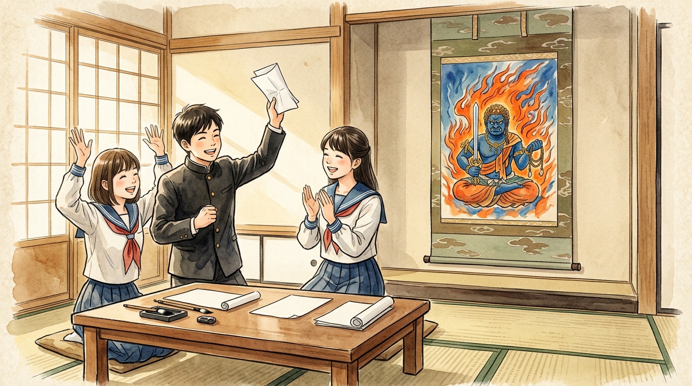 絵仏師良秀をマスターして定期テスト満点を喜ぶ生徒たちを描いたイラスト