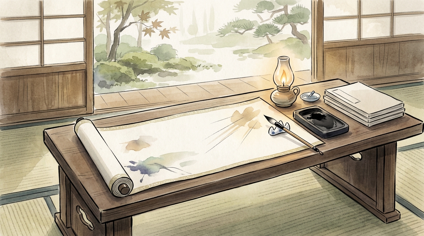 絵仏師良秀の重要古文単語と和紙・巻物を描いたイラスト
