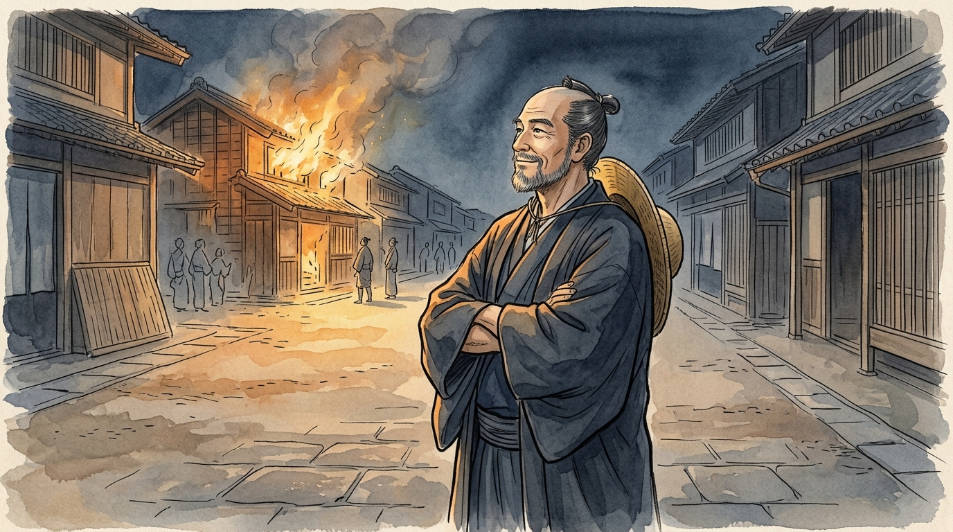 大路の向かいから炎上する我が家を見つめて笑う良秀を描いたイラスト
