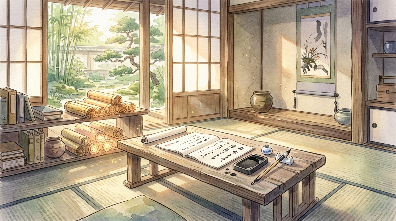 漢文の再読文字とは何かを解説する古代書斎と巻物のアイキャッチイラスト