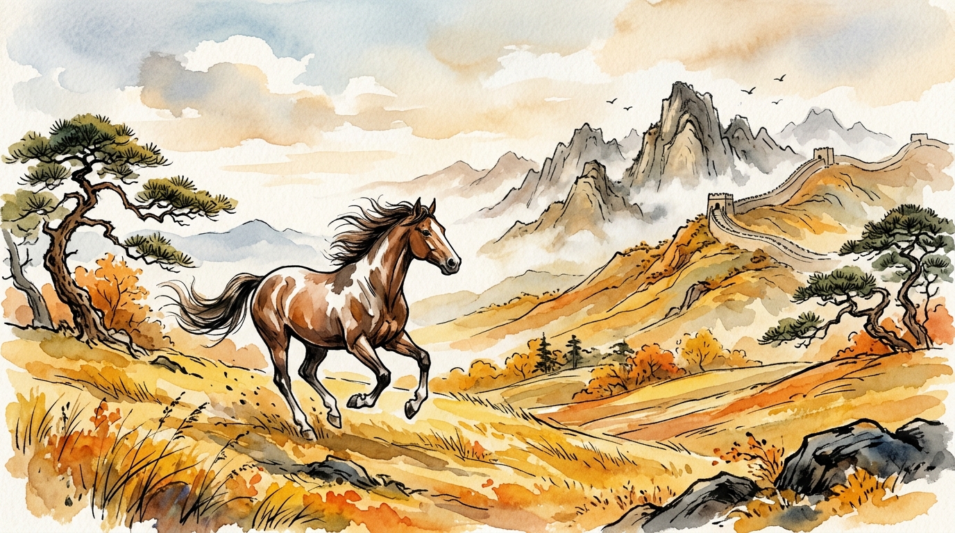荒野を駆ける駿馬と砦を描いた塞翁が馬のあらすじイラスト
