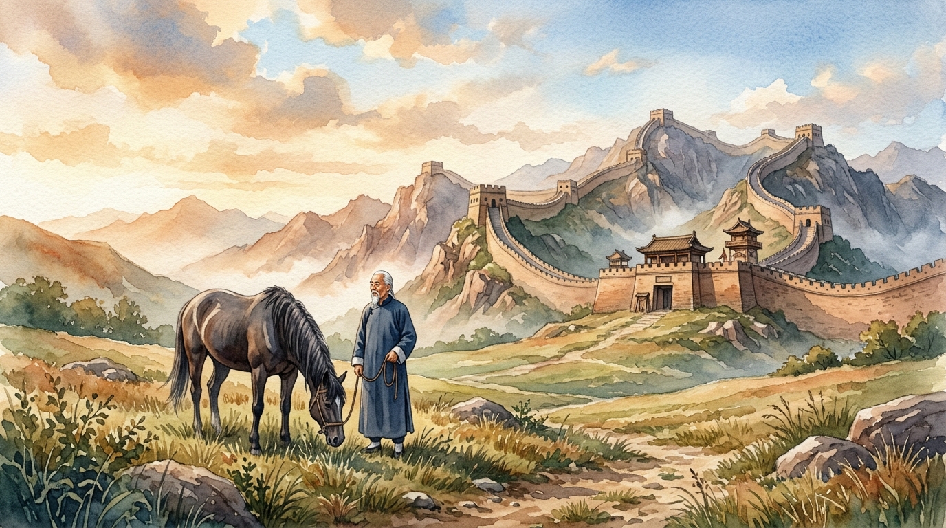 古代中国の砦と老翁・駿馬を描いた塞翁が馬のアイキャッチイラスト