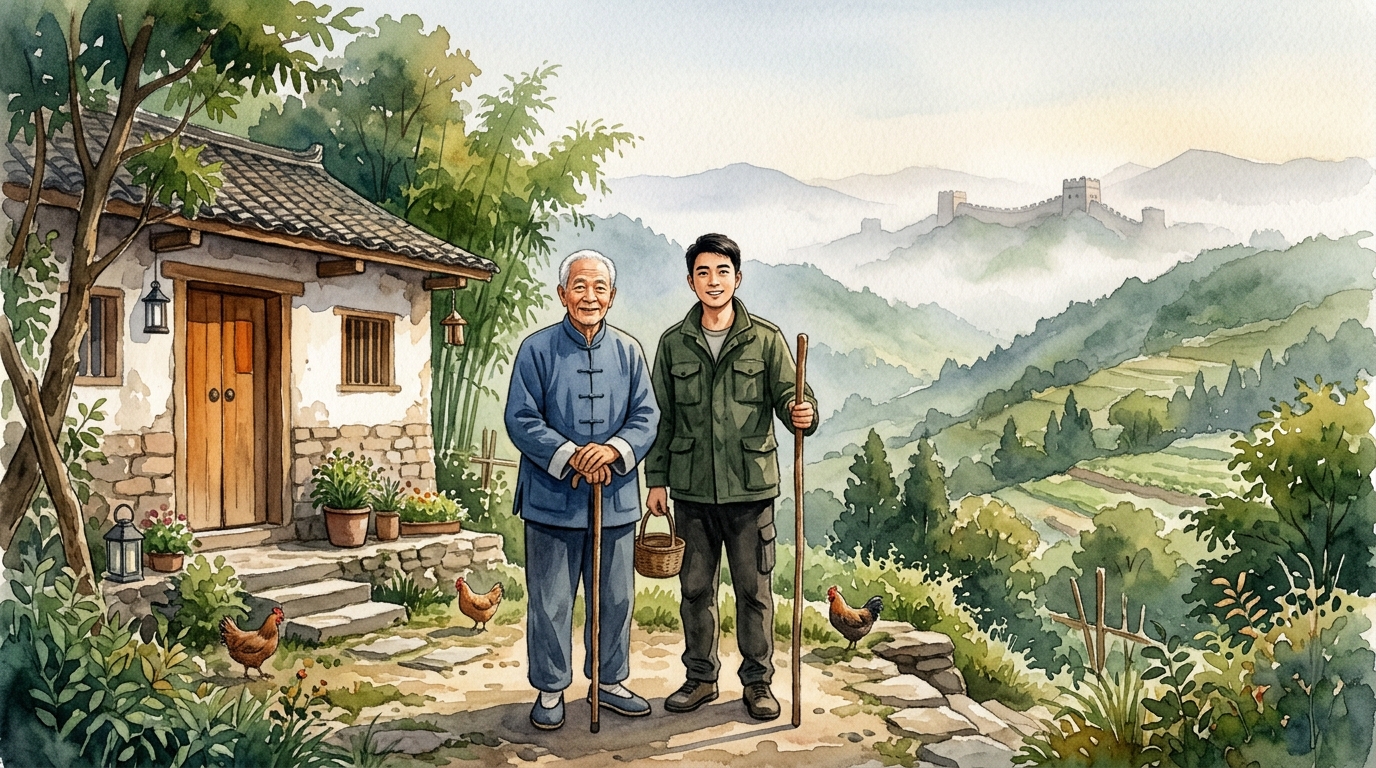 戦乱を免れて平和に暮らす塞翁と息子の情景イラスト
