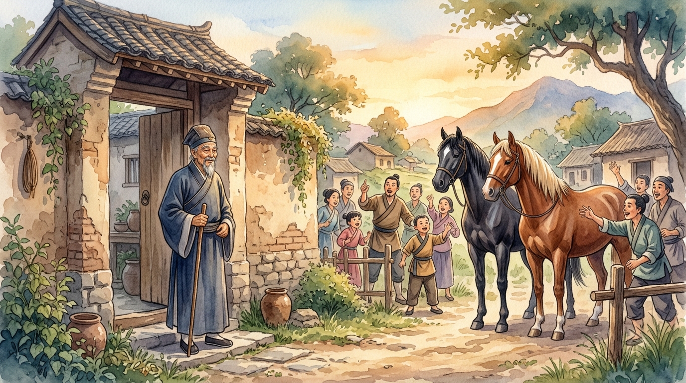 駿馬を連れ帰った馬と微笑む塞翁を描いた水彩画イラスト
