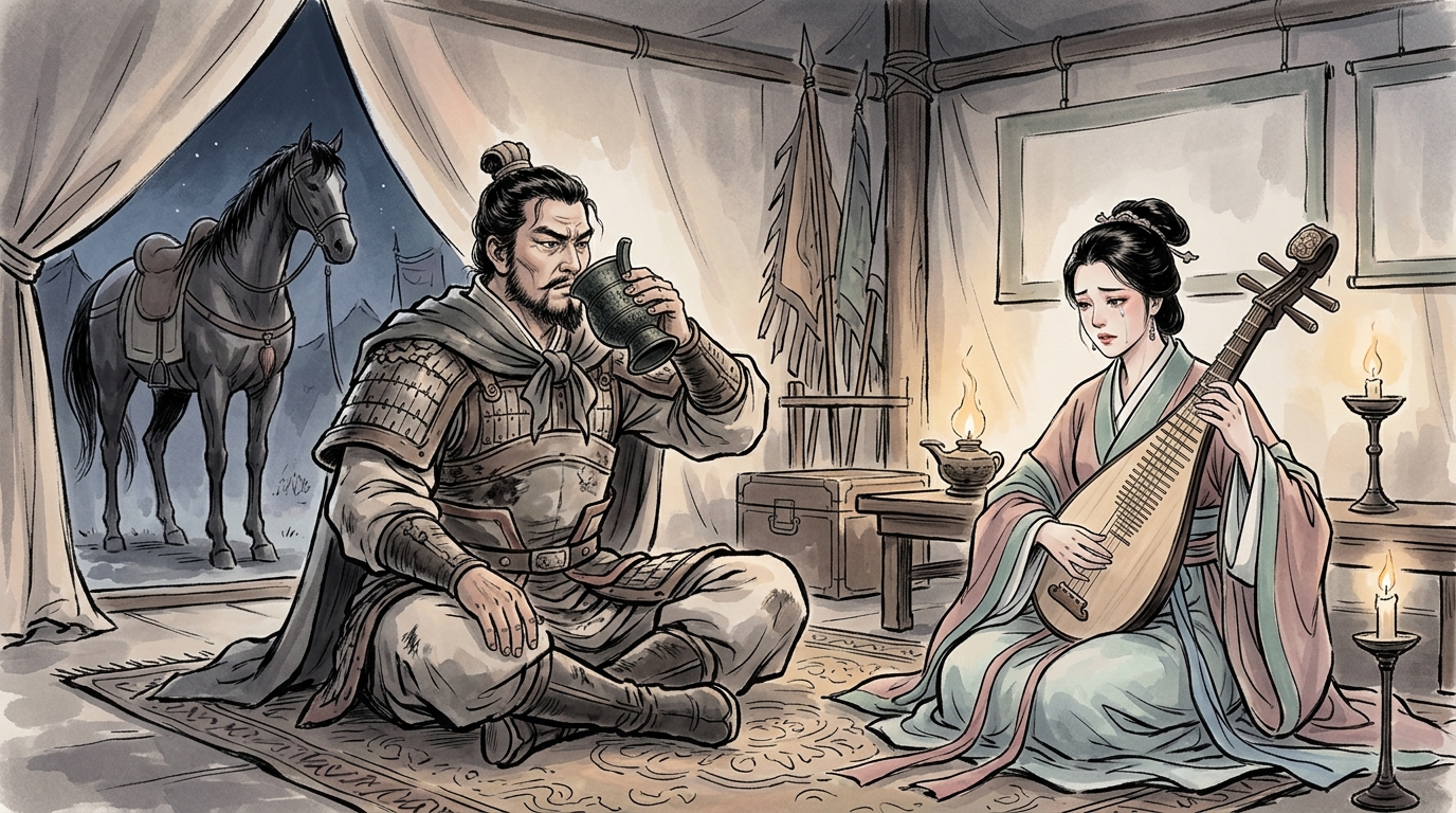 本陣の天幕での最後の酒宴と虞美人への別れを描いたイラスト