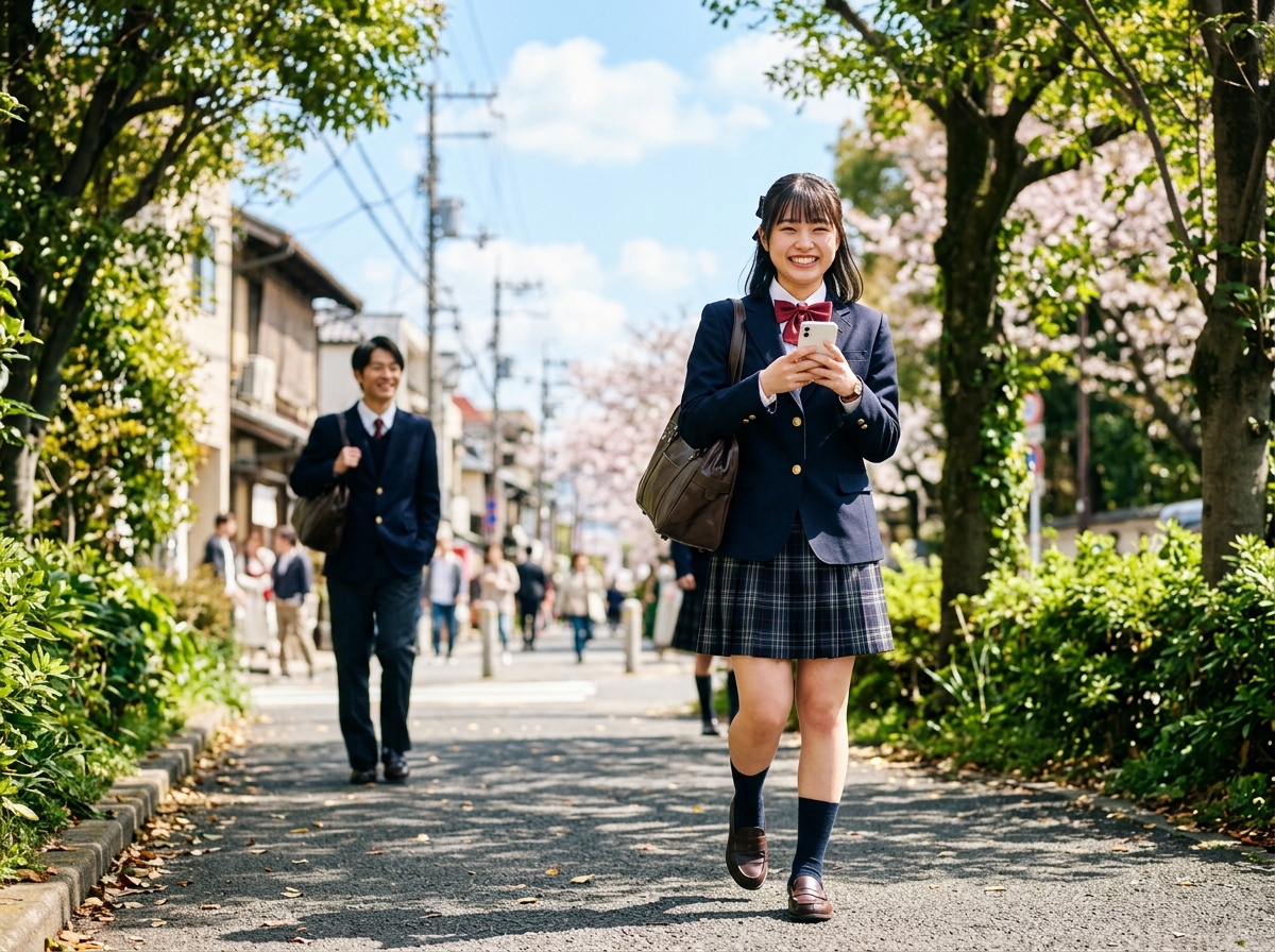 女子高校生がスマートフォンを握り新緑の並木道を笑顔で歩き、後方から男子クラスメートが同じ制服姿で続く通学シーン—オンライン学習サービス「スタディサプリ」イメージ