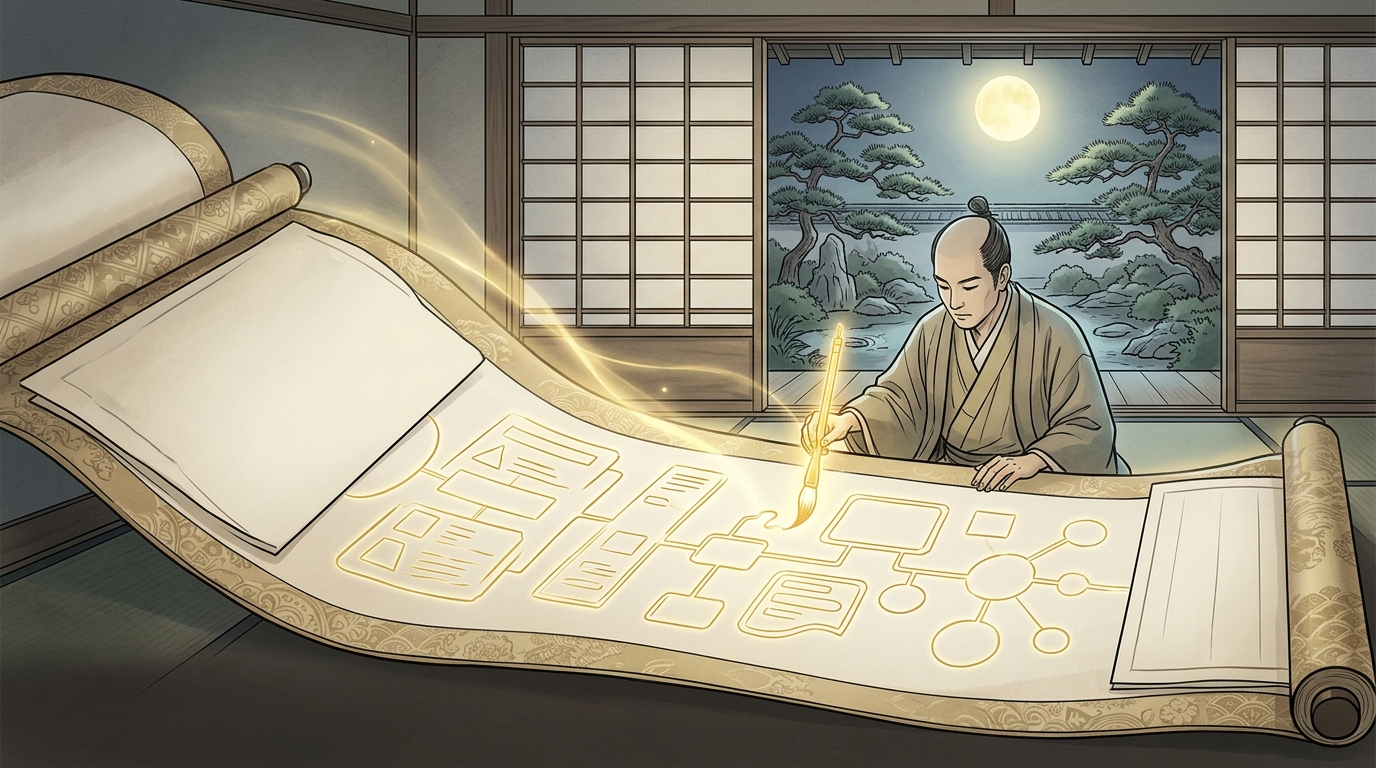 記述問題で満点を取るための減点防止勉強法を表す和風学習机イラスト