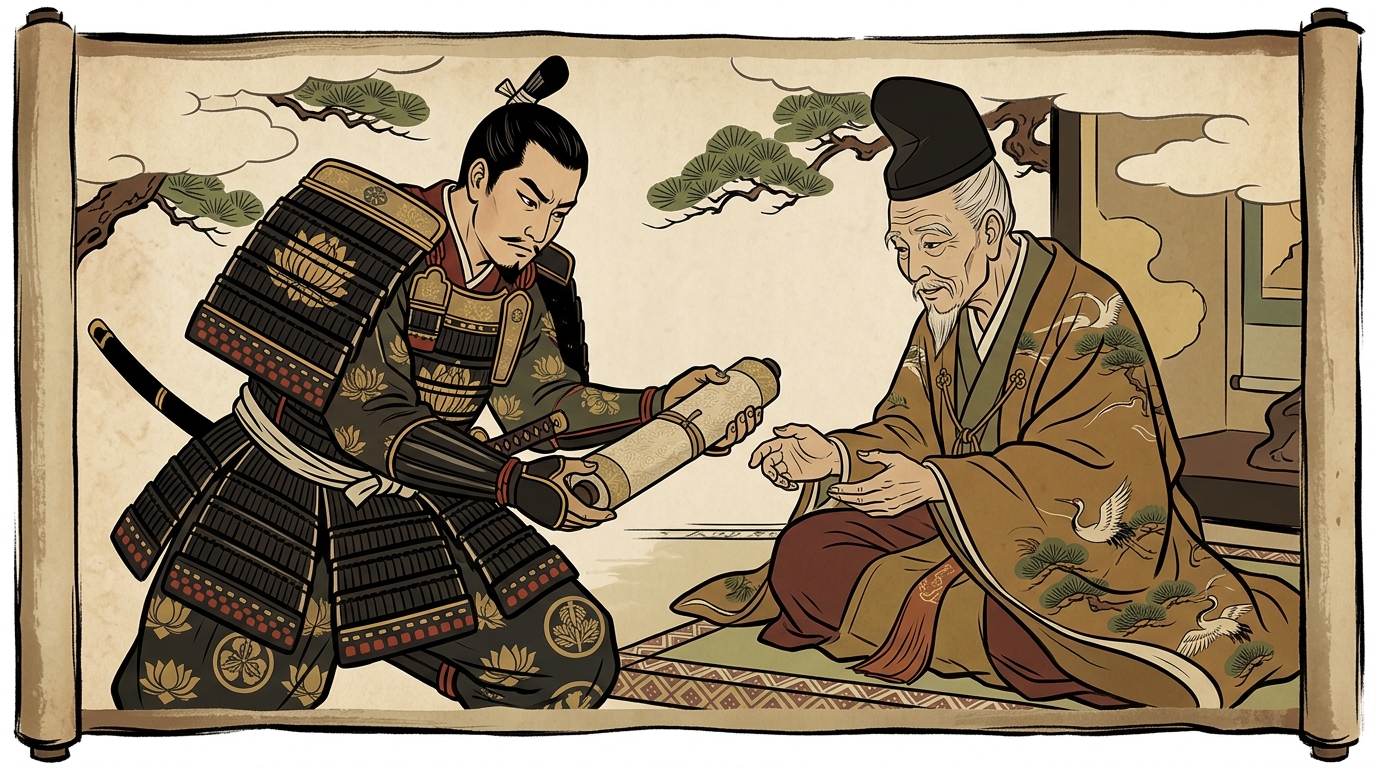 鎧の胸元から歌巻を取り出して俊成に差し出す平忠度のイラスト