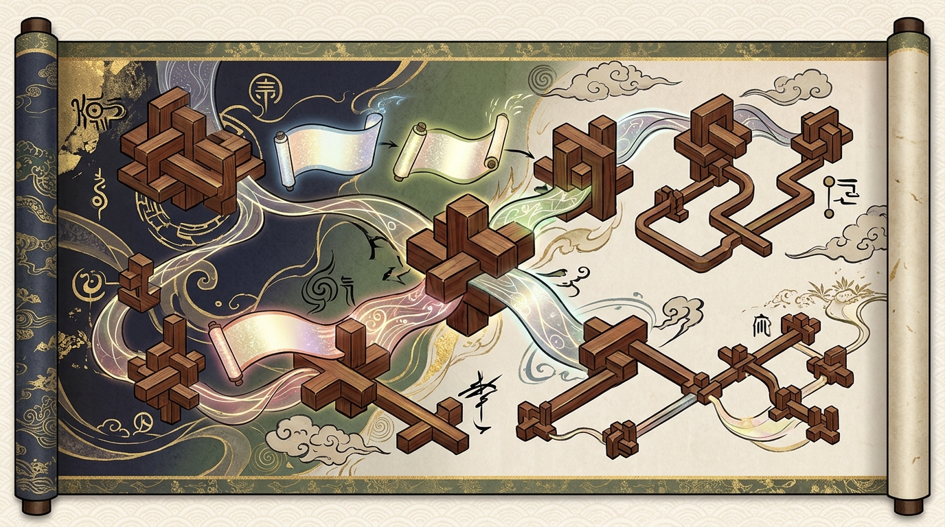 助動詞識別と敬語判定の文法構造を表す和風パズル図イラスト