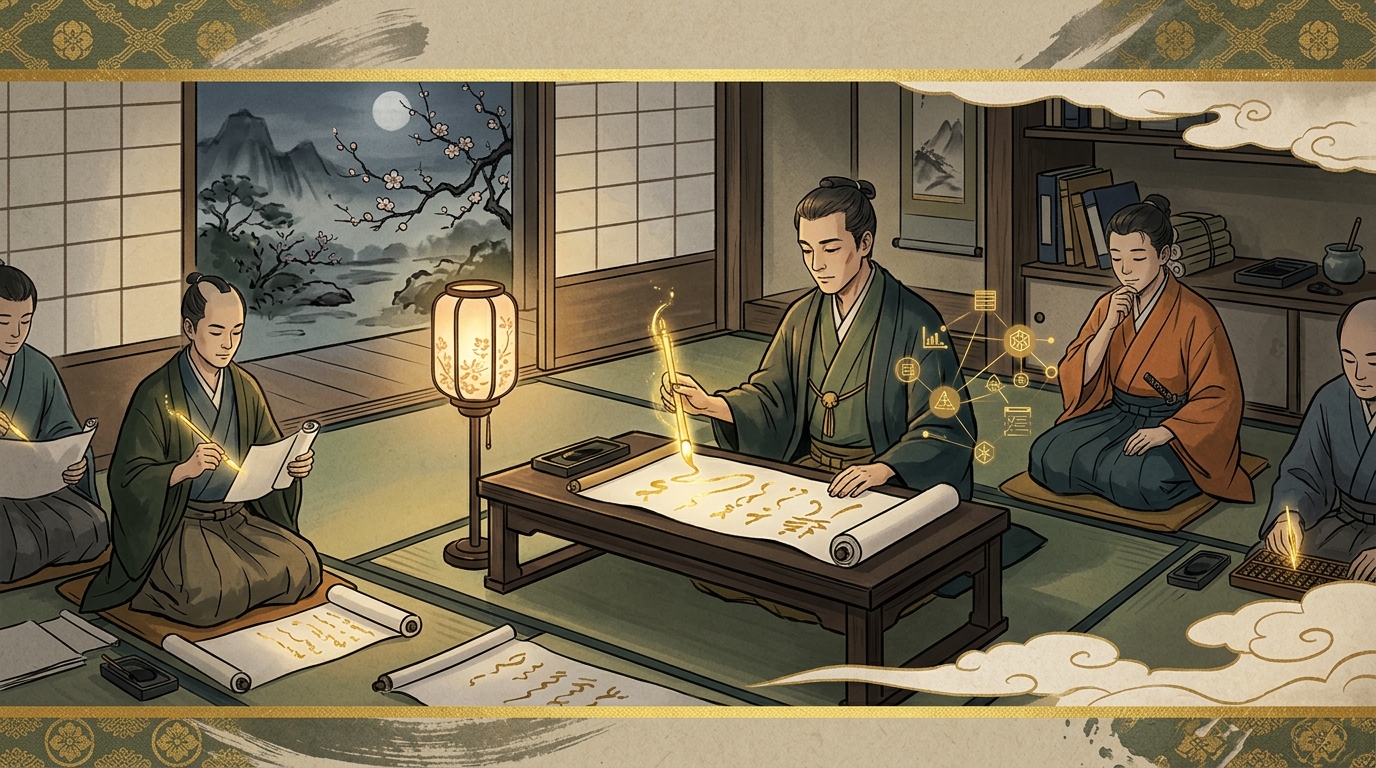 平家物語忠度の都落ちの定期テスト予想問題演習を表す和風巻物イラスト
