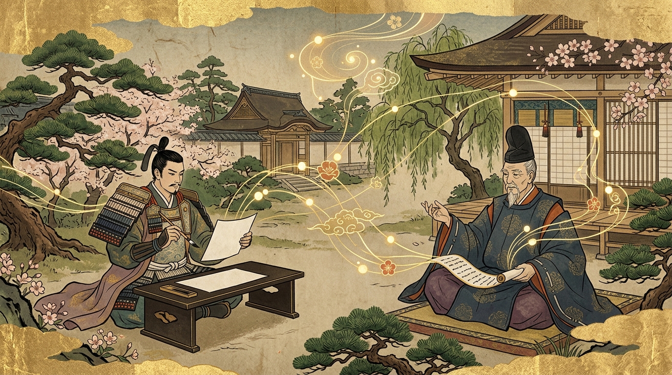 平家物語忠度の都落ちにおける平忠度と師匠藤原俊成の師弟関係相関図イラスト