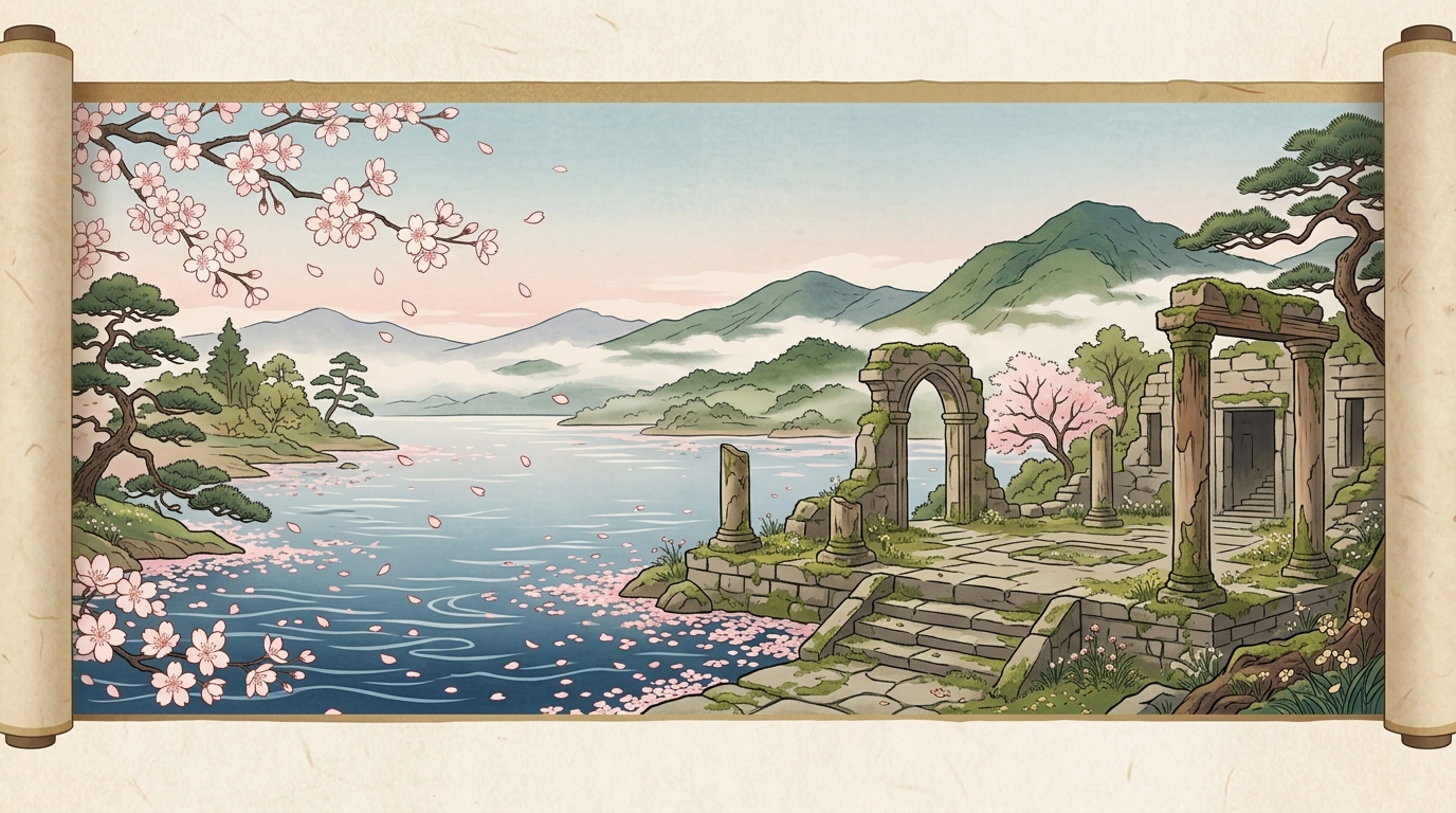 荒れ果てた志賀の都跡と昔のまま美しく咲き誇る山桜の和歌イメージイラスト