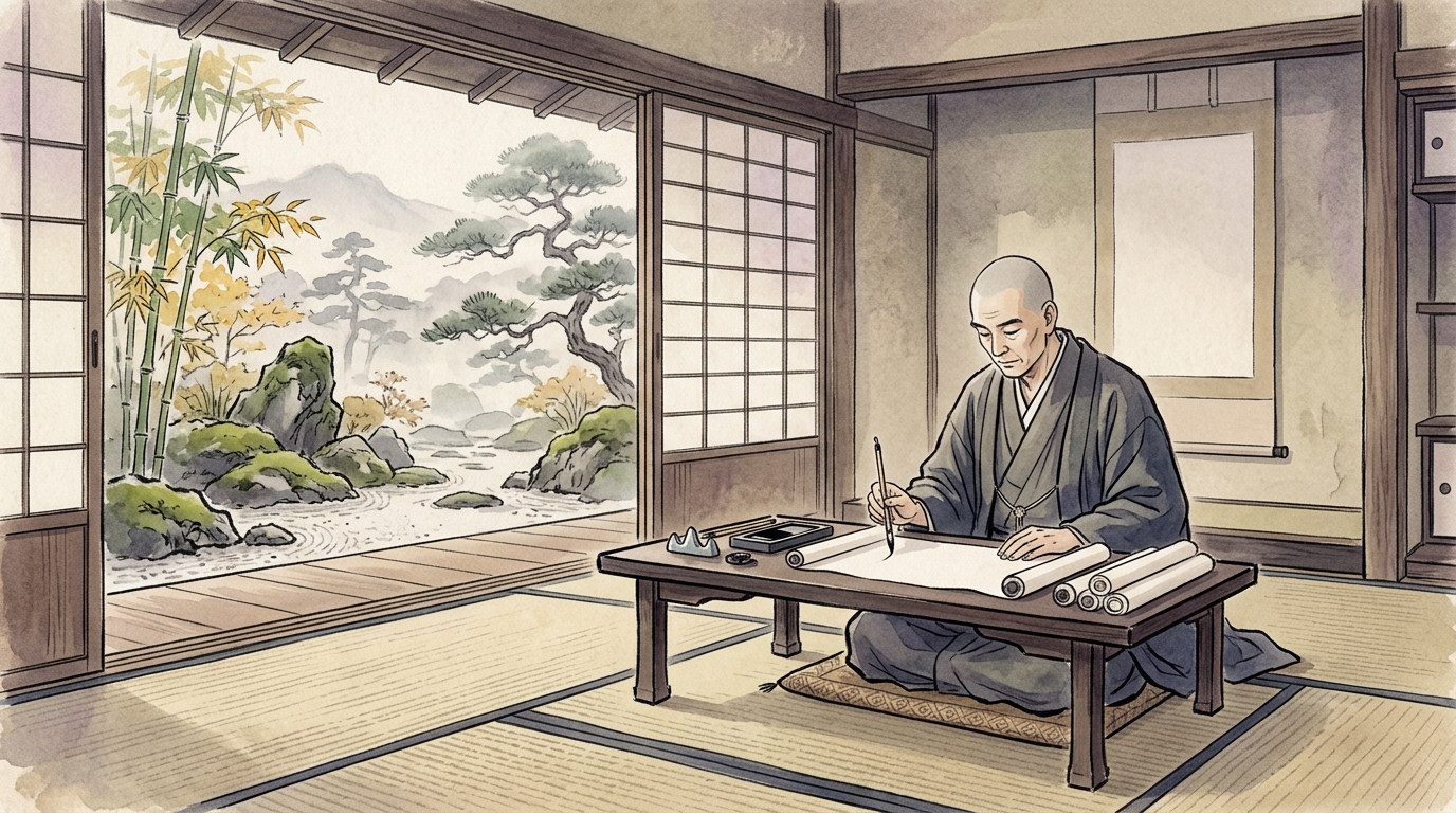 草庵で思索に耽りながら徒然草を執筆する兼好法師を描いたイラスト
