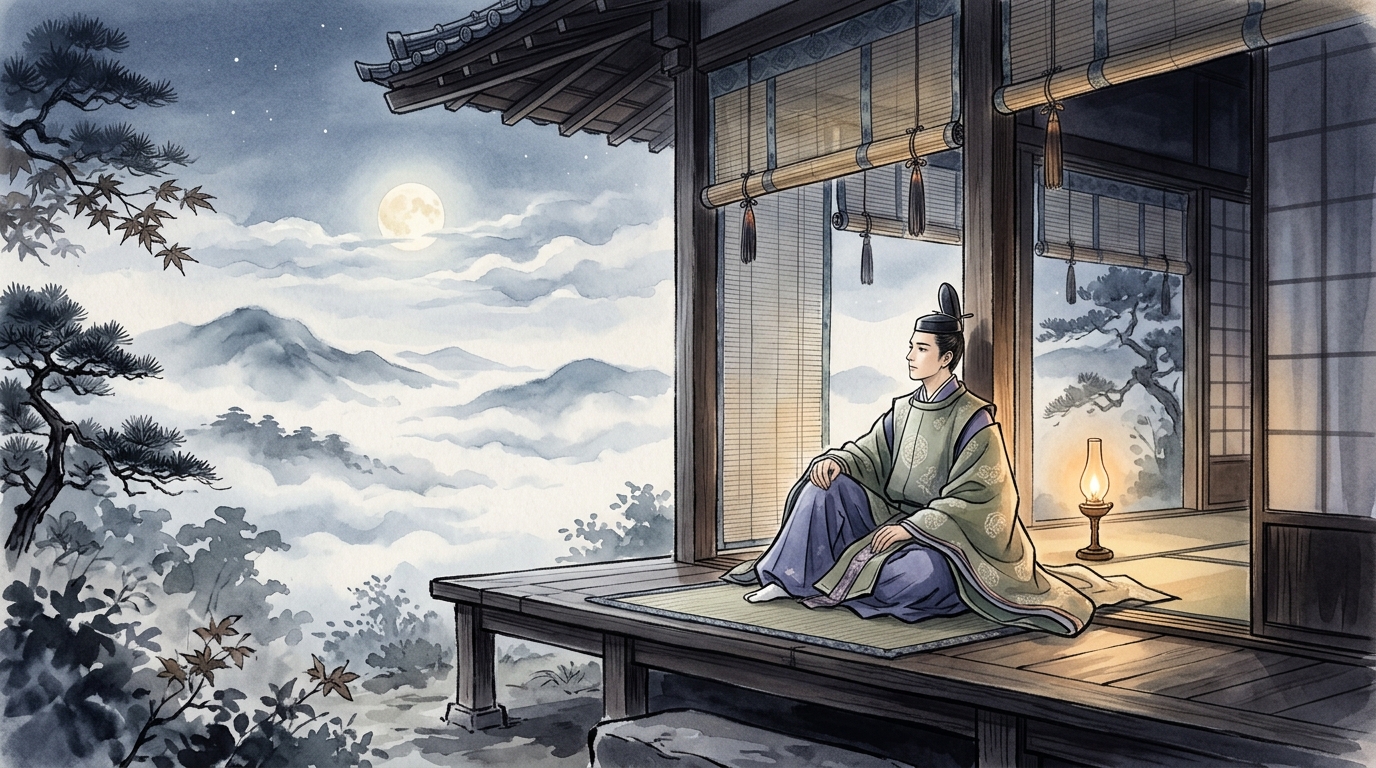 月夜の縁側で遠い雲居を想う平安貴族の風情を描いたイラスト