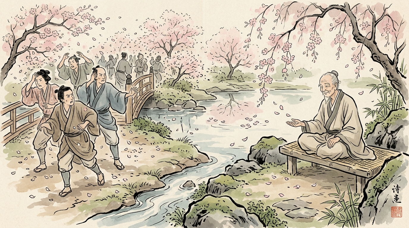 散る花に騒ぐ俗人と静かに風情を味わう賢者の対比を描いたイラスト