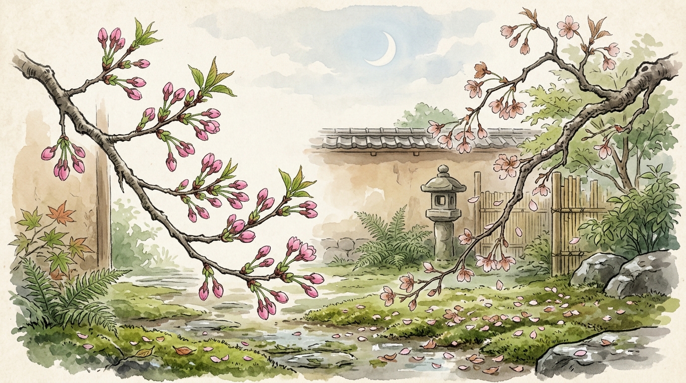 咲き始めのつぼみと散り敷く花びらの対比を描いたイラスト