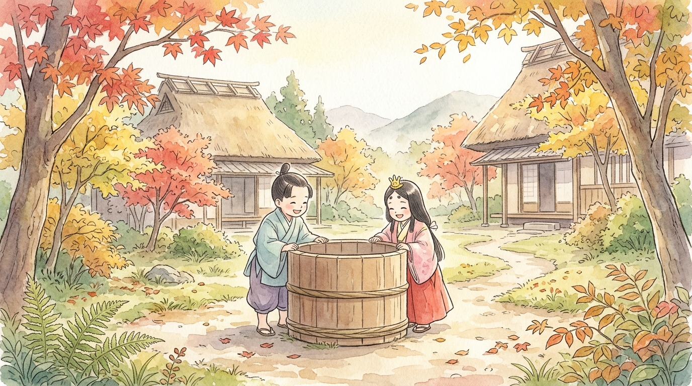 井戸（筒井筒）のふちで背丈を比べ合って無心に遊ぶ幼馴染の少年と少女
