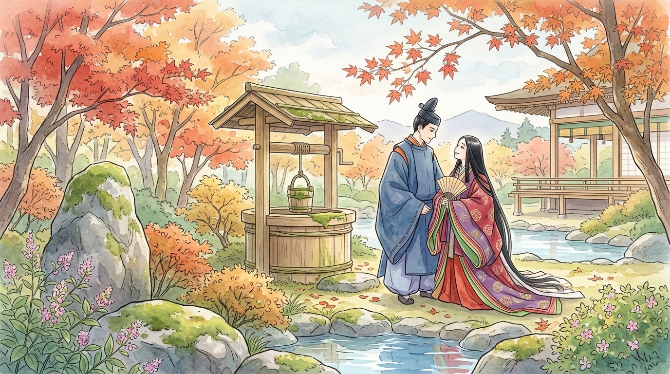伊勢物語「筒井筒」の井戸のそばで見つめ合う幼馴染の男女