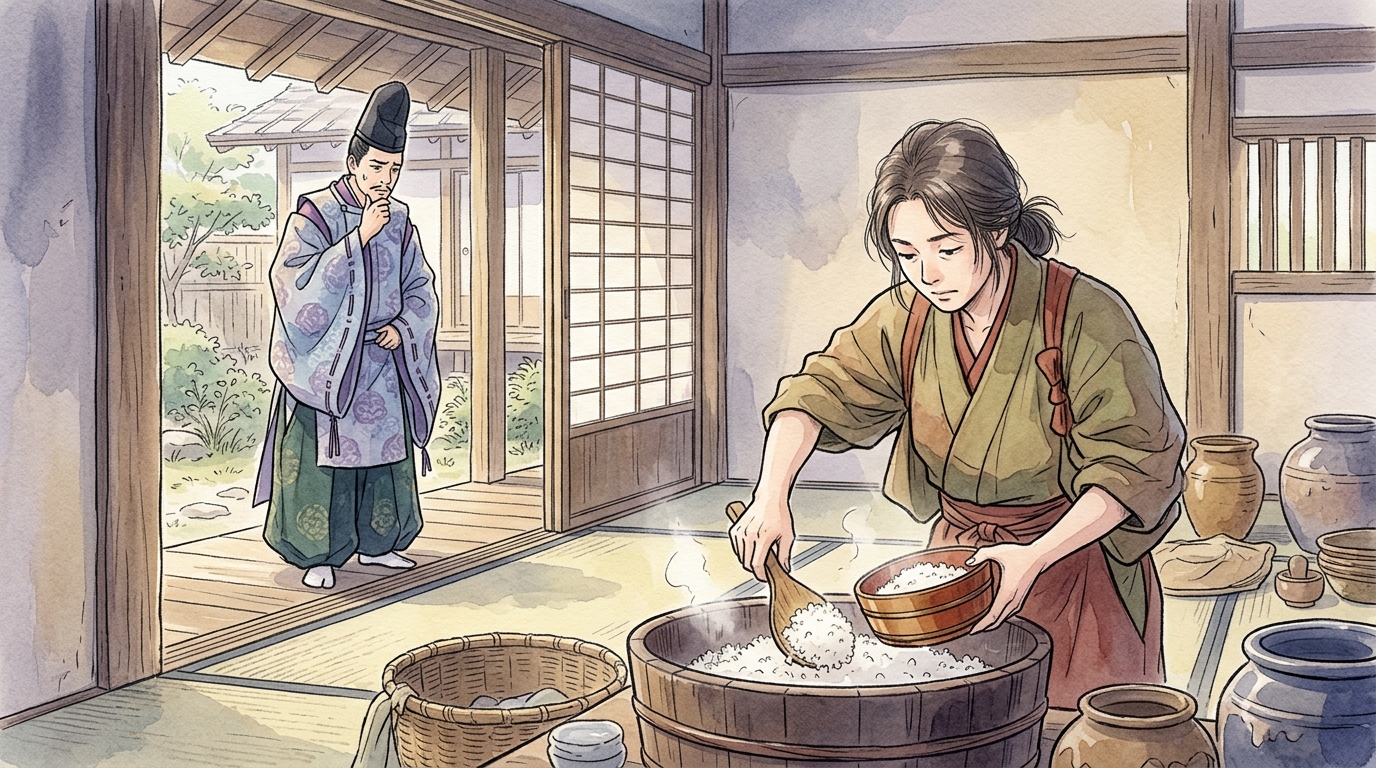 自らしゃもじ（飯匙）を持って飯をよそい、男に幻滅される高安の女