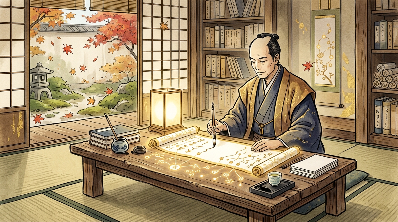 重要古文単語らうたげなりめやすしなどを学ぶ和風巻物イラスト