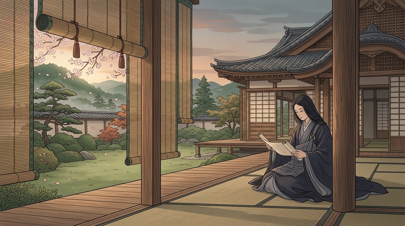 北山の草庵の西面で読経する尼君と小柴垣の情景イラスト