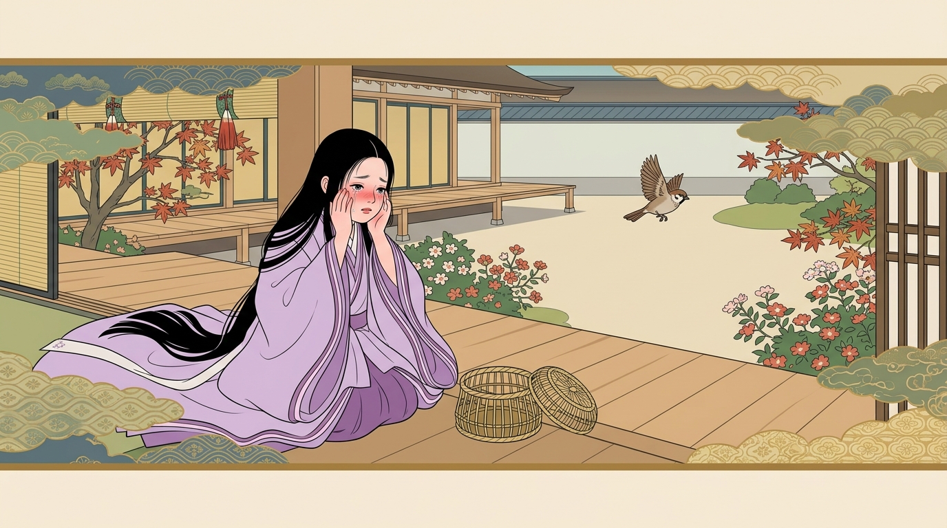 伏籠から逃げ出す雀の子と泣きじゃくる幼い若紫のイラスト