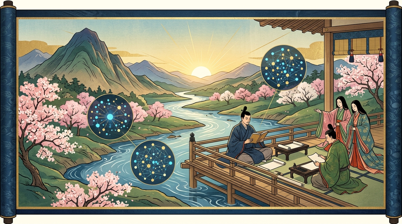 源氏物語小柴垣のもとの学習を完遂し満点達成を祝う和風イラスト