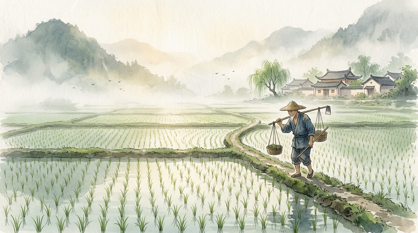 漢文助長の古代中国農村と水田の風景水彩イラスト