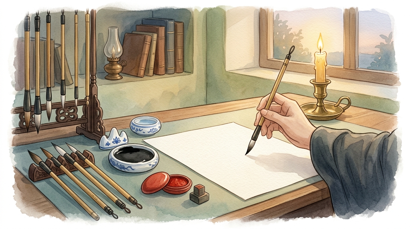 端正な書斎机で文章を推敲する筆記風景の水彩イラスト