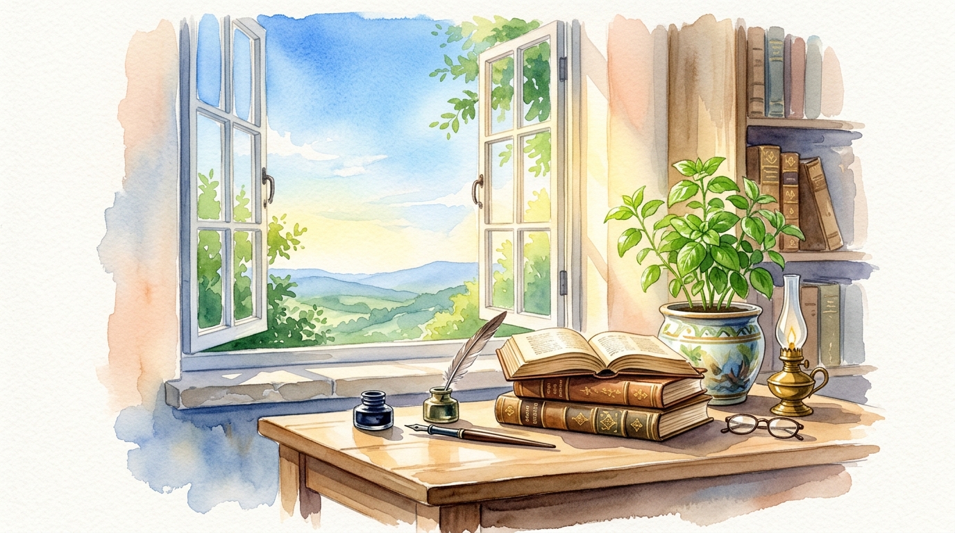 朝日の差し込む書斎と古典学習の成功を象徴する水彩イラスト
