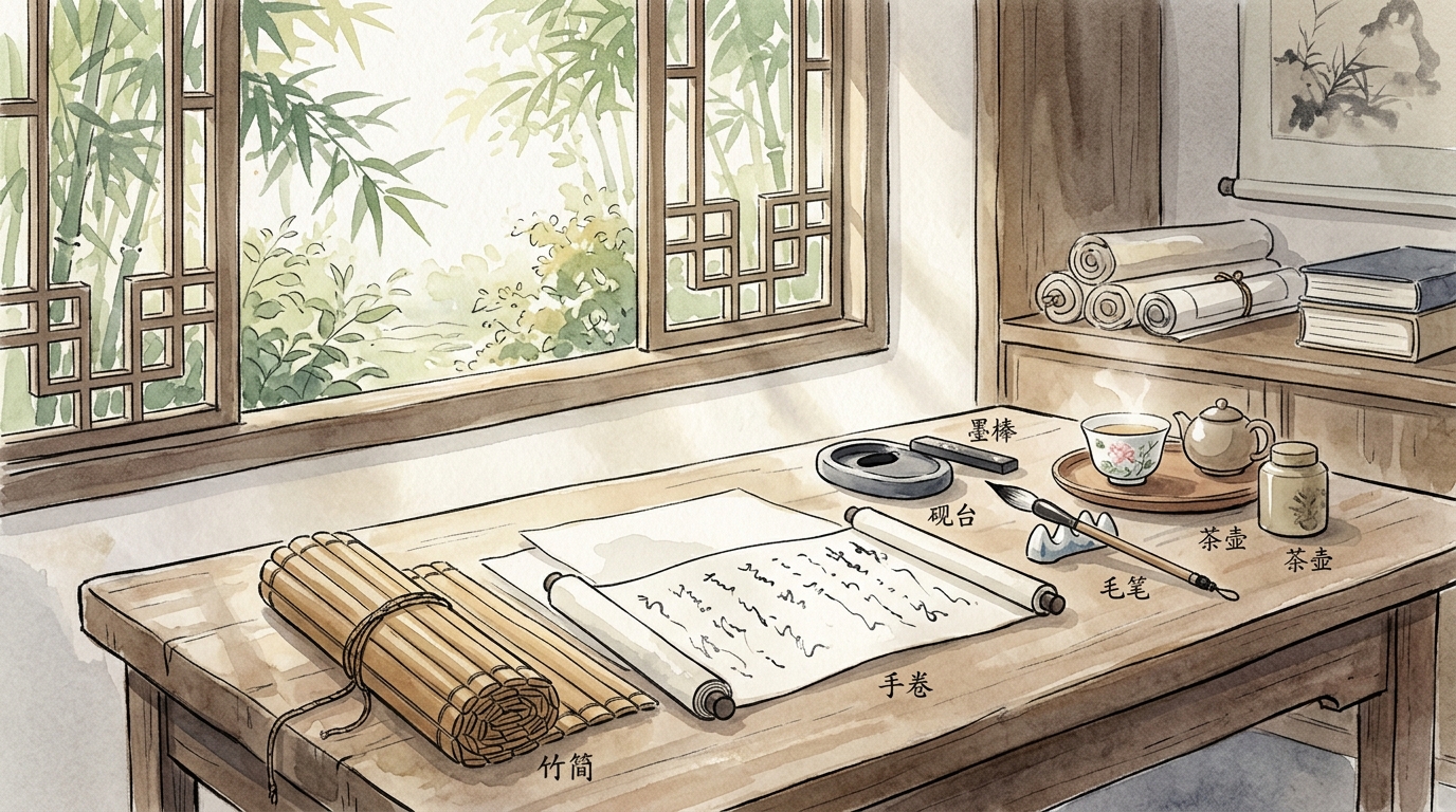 漢文助長の竹簡と古典テキストの読解水彩イラスト