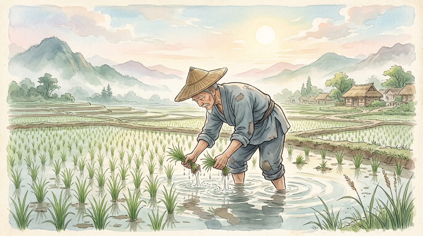 苗を引っ張って引き伸ばす宋の農民の水彩イラスト