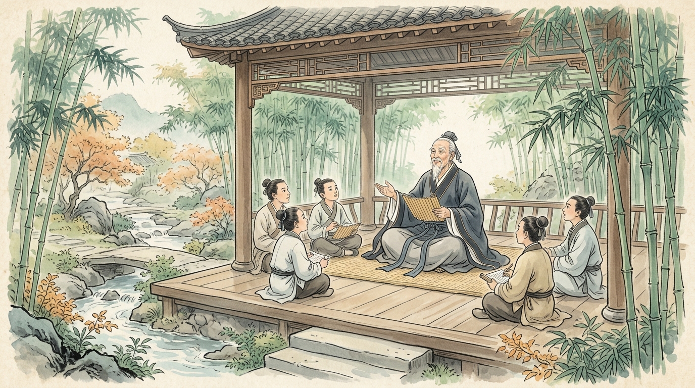 古代中国の思想家孟子が弟子に教えを説く東屋の水彩イラスト