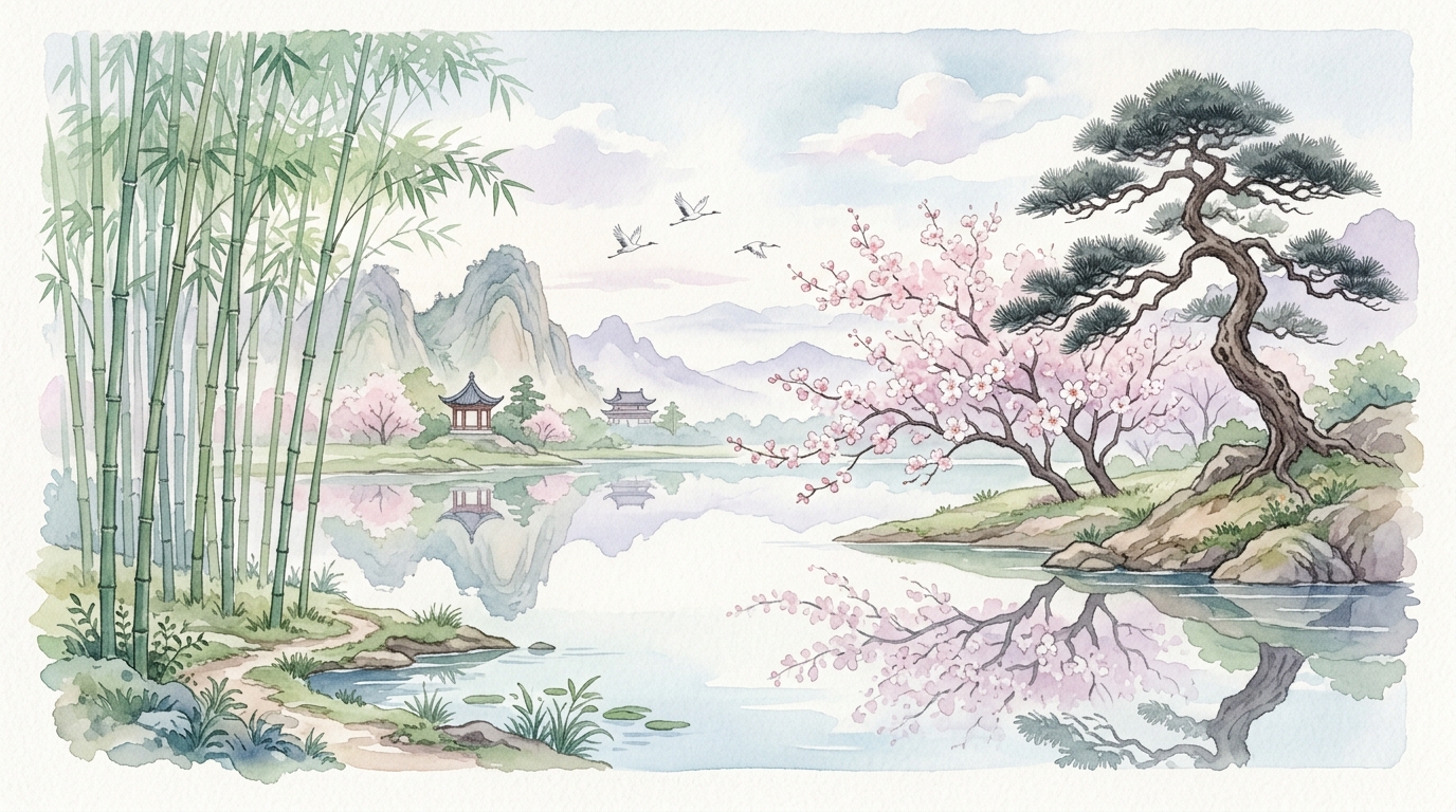竹・梅・松の調和した自然風景を描く水彩イラスト