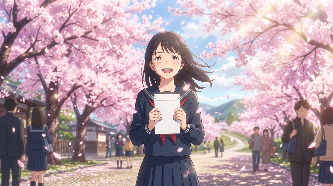 春の満開の桜の下で合格通知を手に微笑む女子高生
