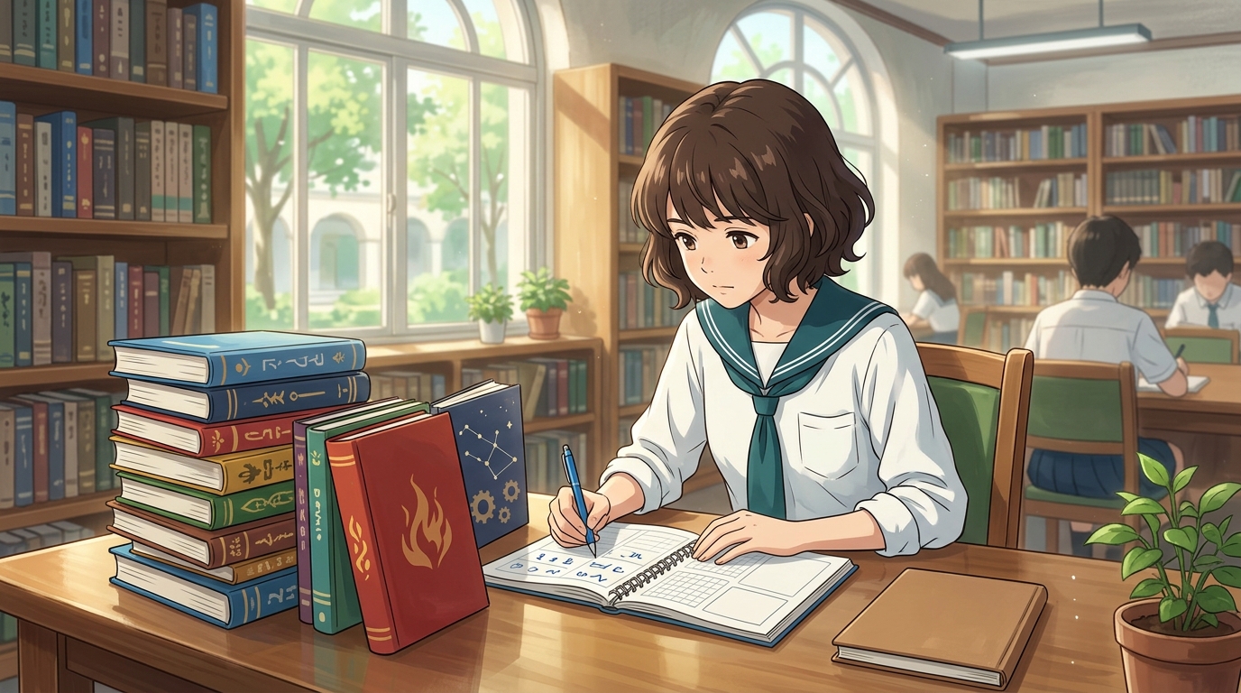 図書館で参考書と問題集を広げて効率的な学習バランスを考える高校生