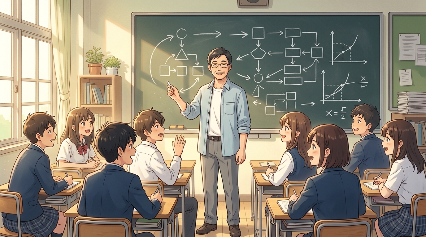 教室で問題演習の効果的な進め方を熱心に解説するたく先生