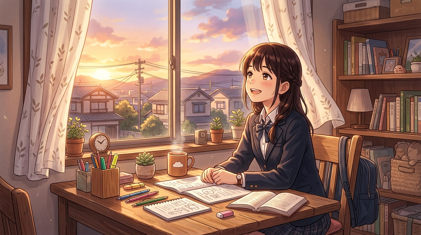 机の前で夕日を見上げながら穏やかに微笑みリフレッシュする高校生