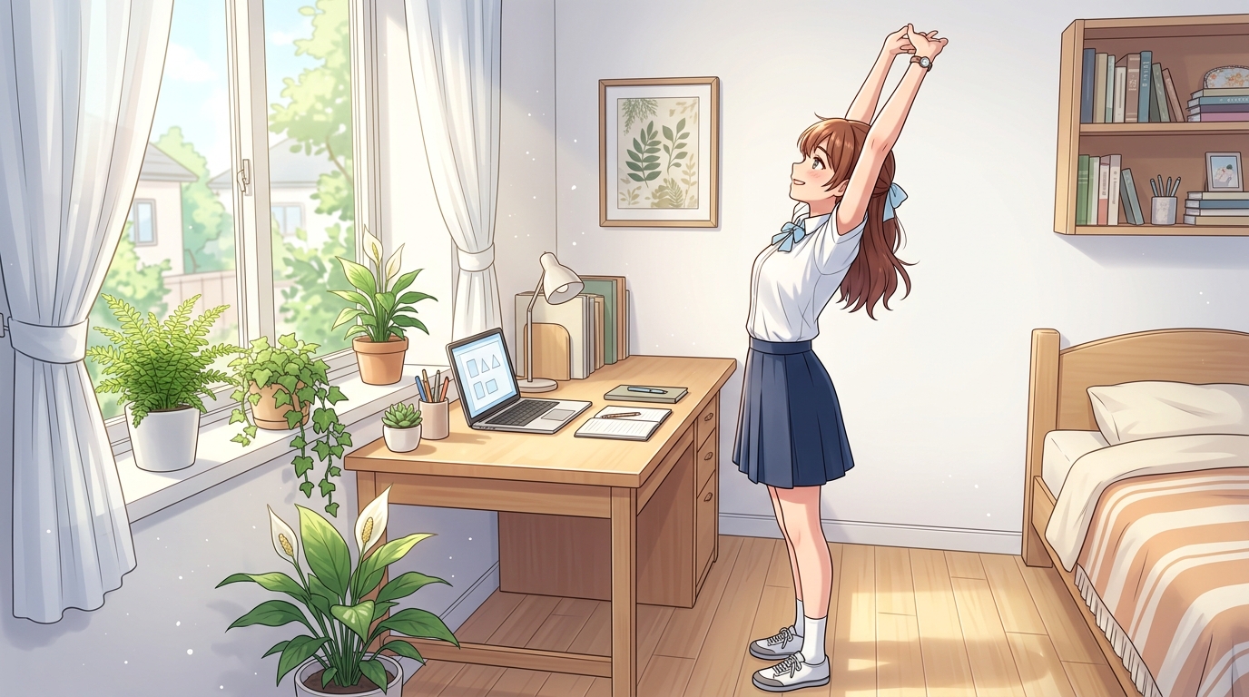 明るい光が差し込む部屋で両手を上げて気持ちよく背伸びストレッチをする高校生
