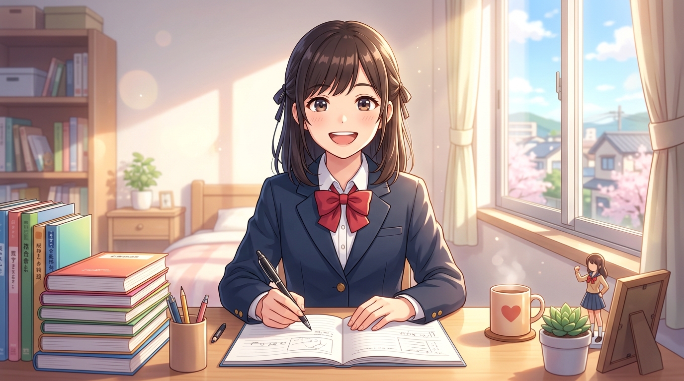 机の前ですっきりと集中力を取り戻し前向きな笑顔でペンを構える高校生