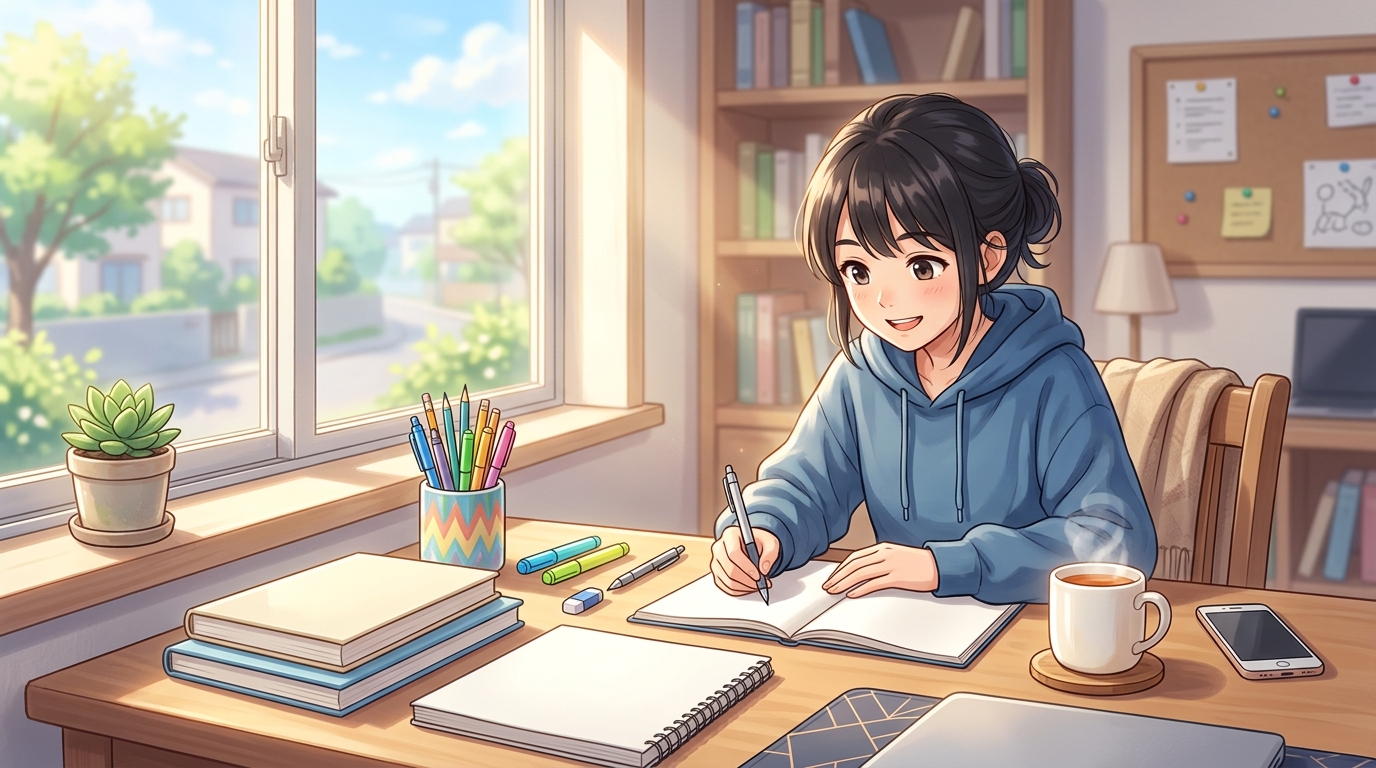 朝の光が差し込む整然とした自習机と意欲的に勉強する高校生