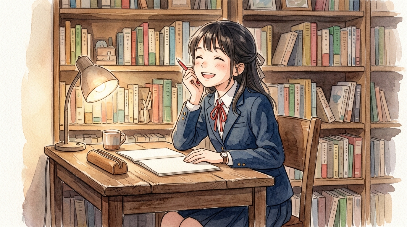 机の上で前向きに間違い直しを完了し笑顔を見せる高校生